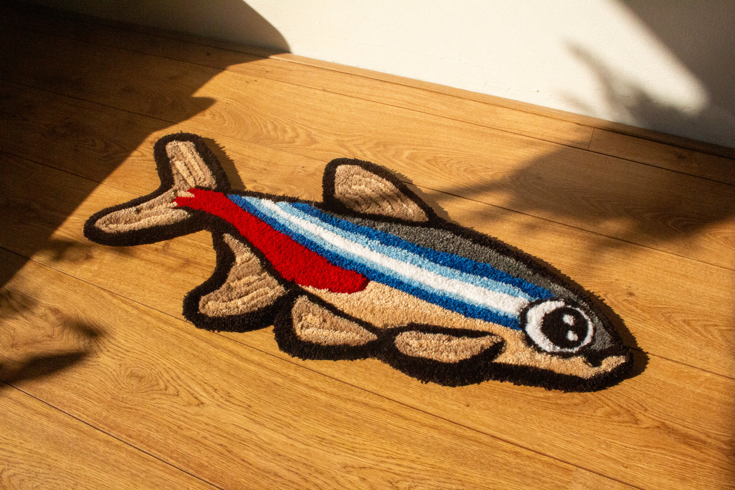 Handmade Neon Tetra (Paracheirodon innesi) Rug – Soft, Cozy Aquarium Decor with Vibrant Blue and Red Accents
