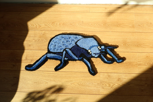 Handmade Blue Death Feigning Beetle (Asbolus verrucosus) Rug – Unique, Cozy Arthropod-Themed Decor