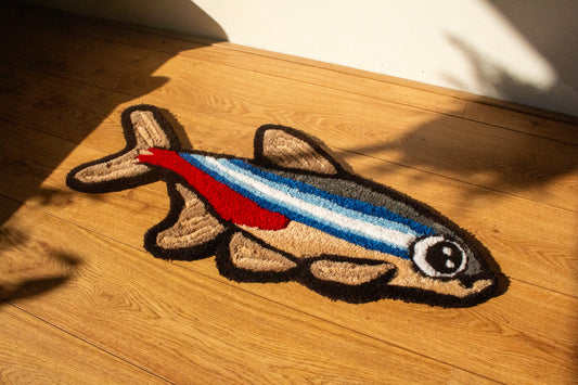 Handmade Neon Tetra (Paracheirodon innesi) Rug – Soft, Cozy Aquarium Decor with Vibrant Blue and Red Accents